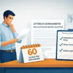 Lavoratore che legge una lettera di licenziamento per giustificato motivo oggettivo con checklist dei 3 requisiti di legittimità