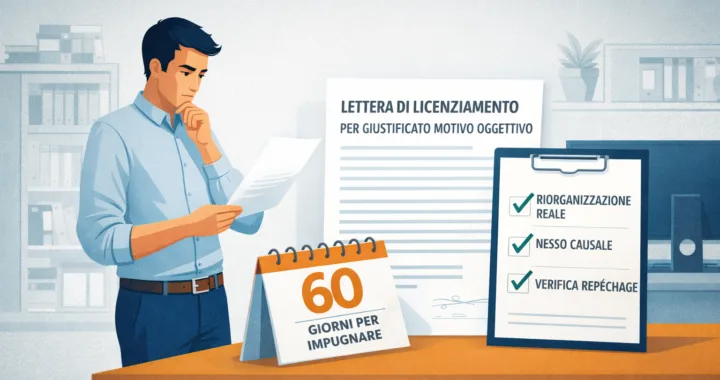 Lavoratore che legge una lettera di licenziamento per giustificato motivo oggettivo con checklist dei 3 requisiti di legittimità