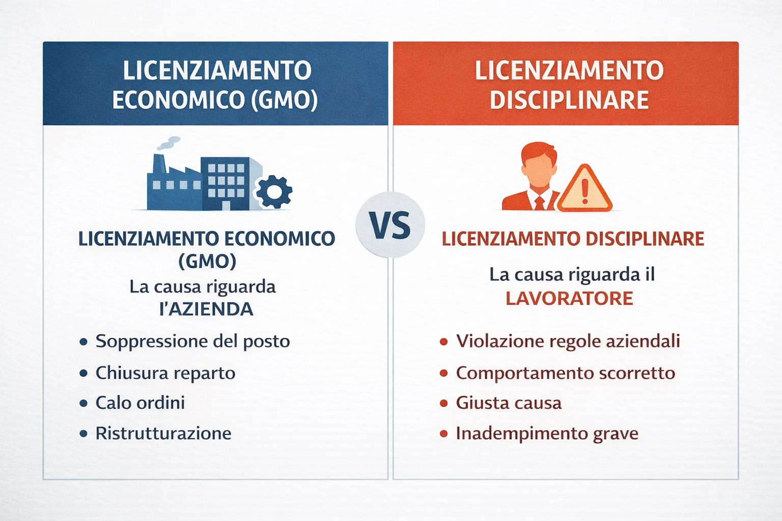 Schema comparativo licenziamento economico per GMO vs licenziamento disciplinare in Italia: differenze di causa, requisiti e tutele