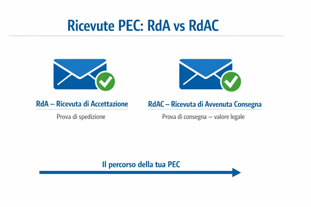 infografica che mostra la differenza tra ricevuta di accettazione PEC (RdA) e ricevuta di avvenuta consegna PEC (RdAC)