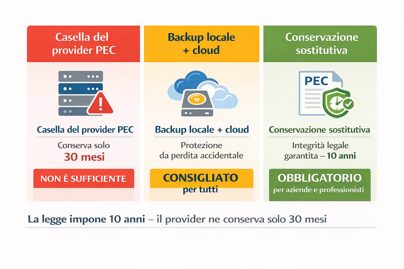 schema con i metodi di conservazione delle ricevute PEC: archiviazione locale, backup cloud, conservazione sostitutiva