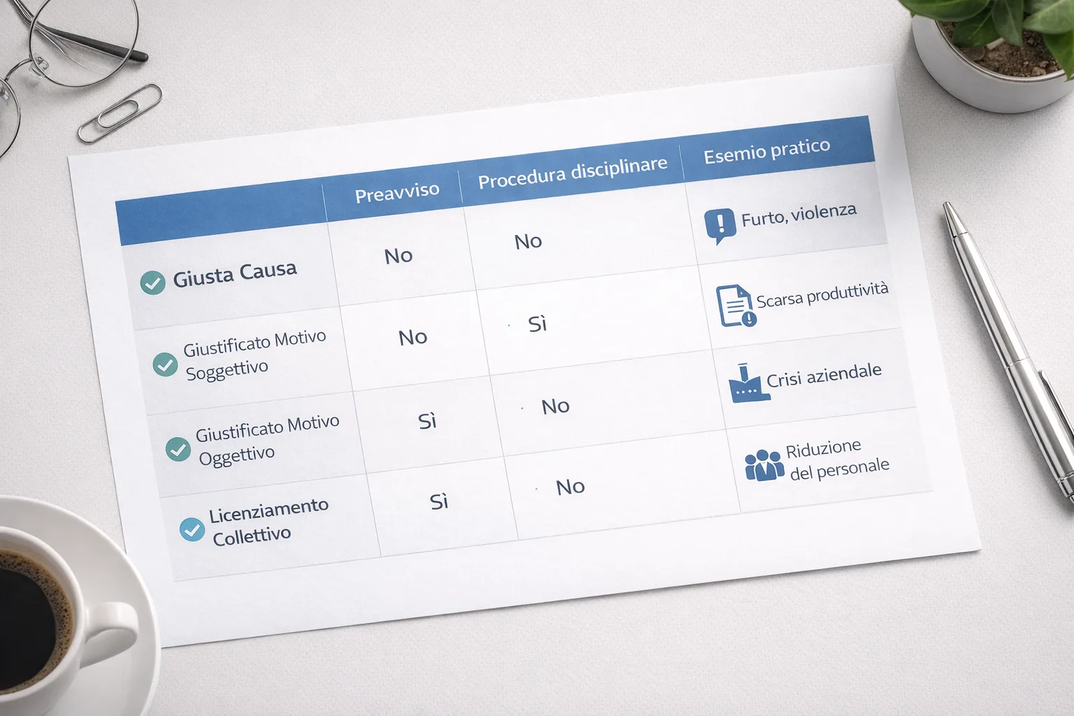 Schema riassuntivo delle tipologie di licenziamento in Italia
