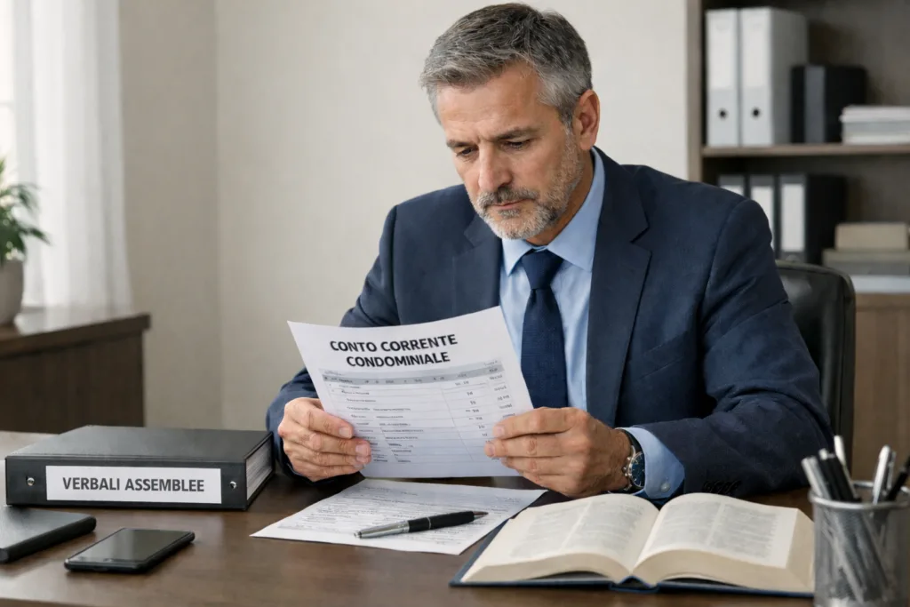 amministratore di condominio alla scrivania con documenti e registri condominiali