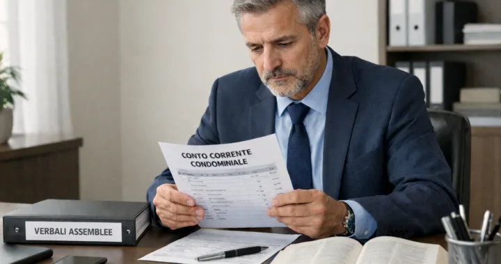 amministratore di condominio alla scrivania con documenti e registri condominiali