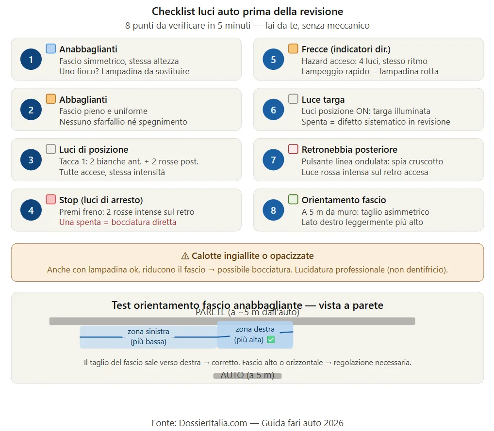 Schema checklist controllo luci auto fai-da-te: 8 punti da verificare prima della revisione periodica