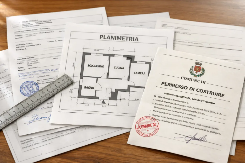 Documenti catastali e urbanistici su scrivania per verifica conformità immobile