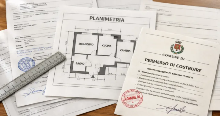 Documenti catastali e urbanistici su scrivania per verifica conformità immobile