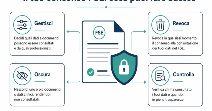 Infografica sul consenso al Fascicolo Sanitario Elettronico: gestione, revoca e accesso ai dati sanitari in Italia nel 2026