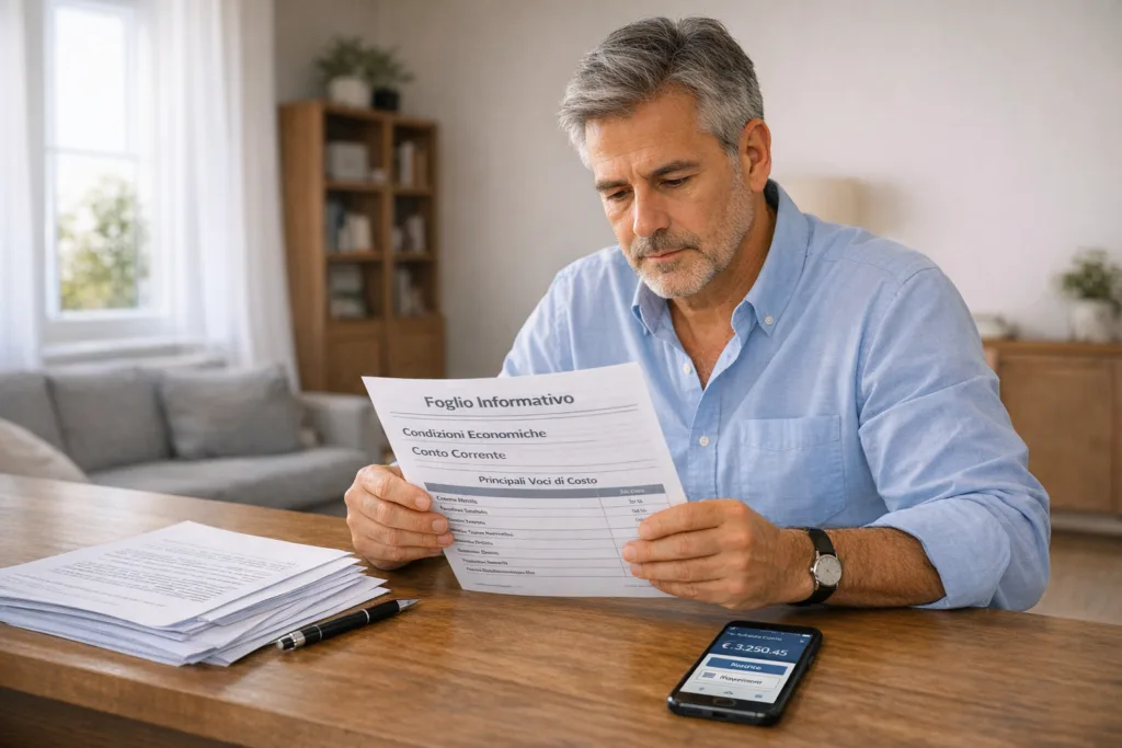 Persona che legge il foglio informativo di un conto corrente