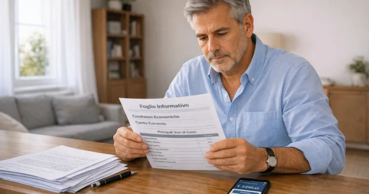 Persona che legge il foglio informativo di un conto corrente