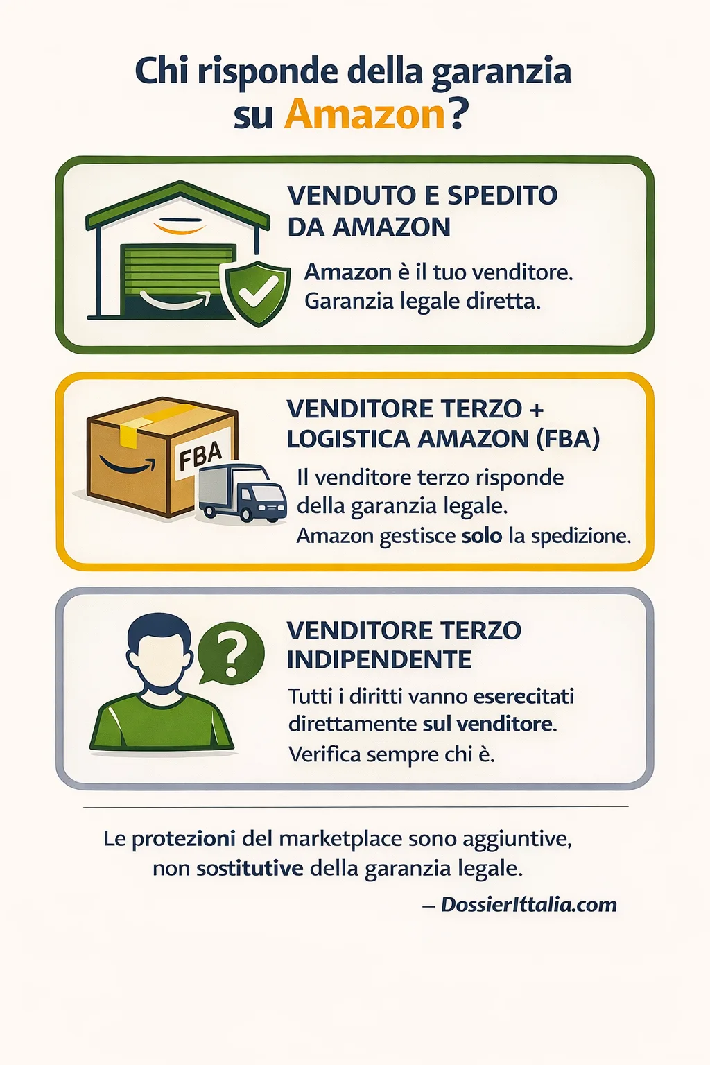 Schema garanzia legale su Amazon: differenza tra venduto da Amazon, FBA e venditore terzo indipendente