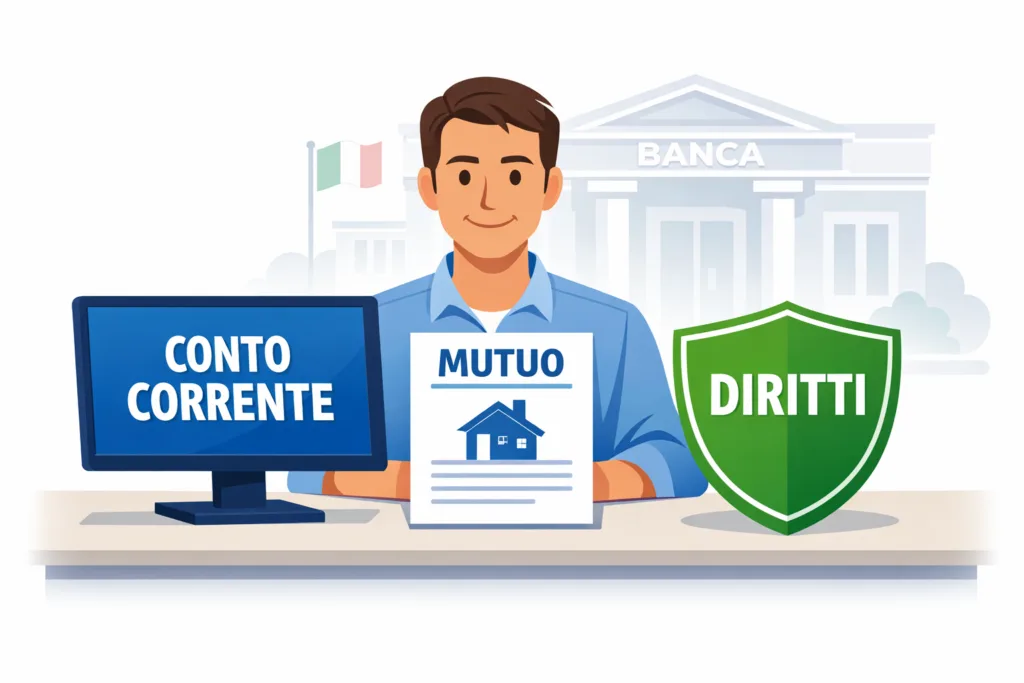 Illustrazione che rappresenta un cittadino italiano con conto corrente, mutuo e diritti bancari