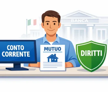 Illustrazione che rappresenta un cittadino italiano con conto corrente, mutuo e diritti bancari