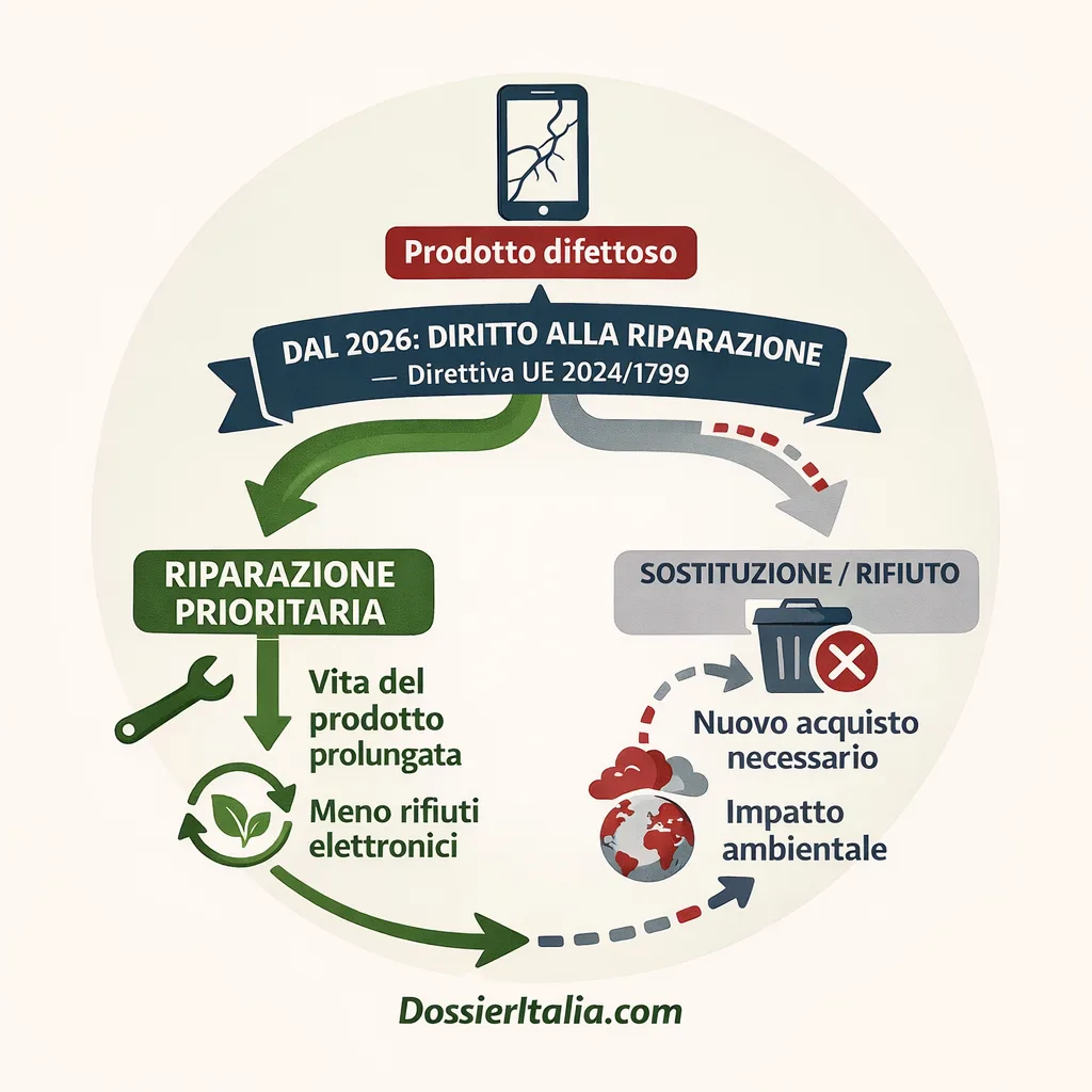 Schema diritto alla riparazione 2026: percorso riparazione prioritaria vs sostituzione secondo Direttiva UE 2024/1799