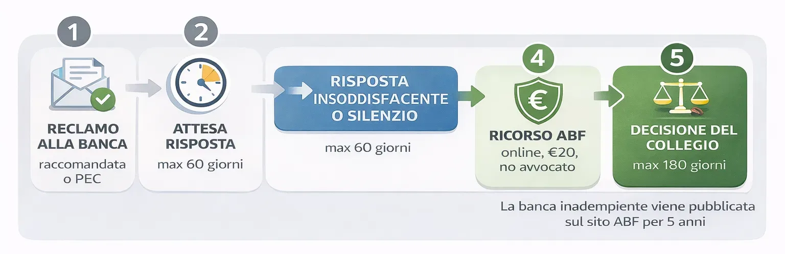 Diagramma del percorso di ricorso all'Arbitro Bancario Finanziario: reclamo, risposta banca, ricorso ABF, decisione