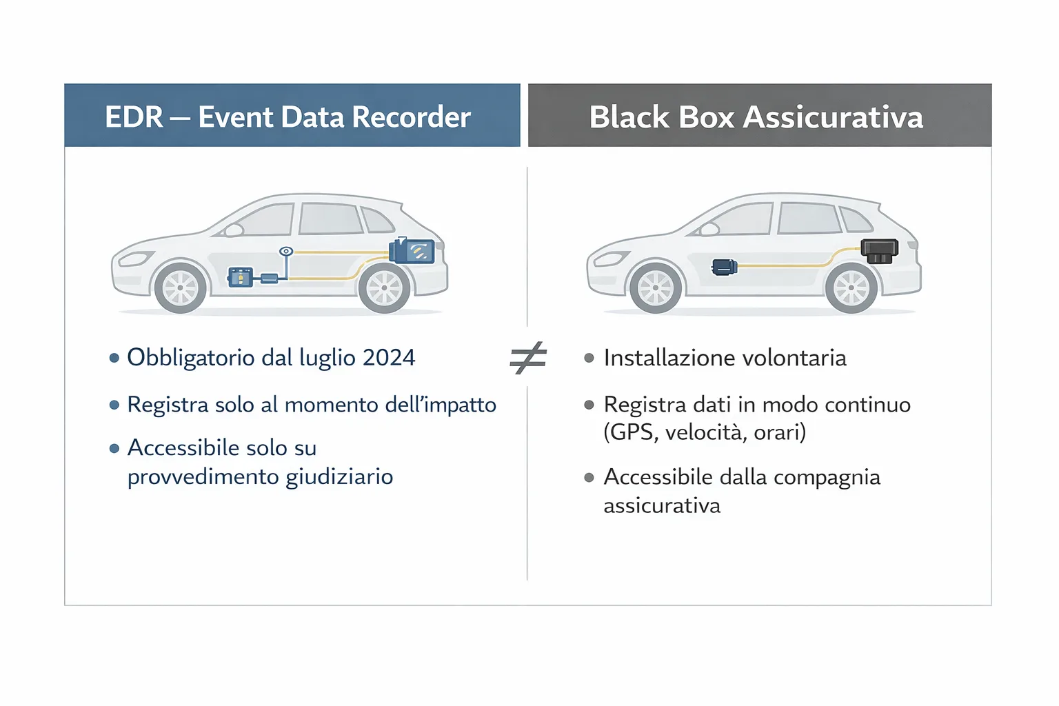 Schema comparativo EDR Event Data Recorder e scatola nera assicurativa