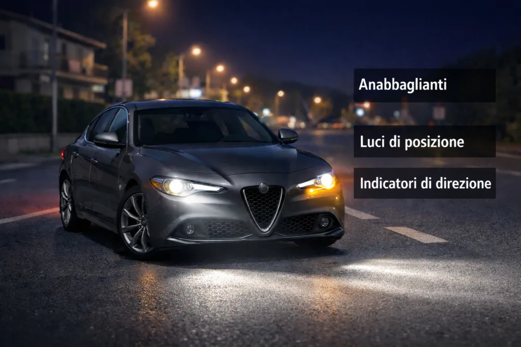 Automobile di notte con anabbaglianti accesi e schema delle luci obbligatorie secondo il Codice della Strada italiano