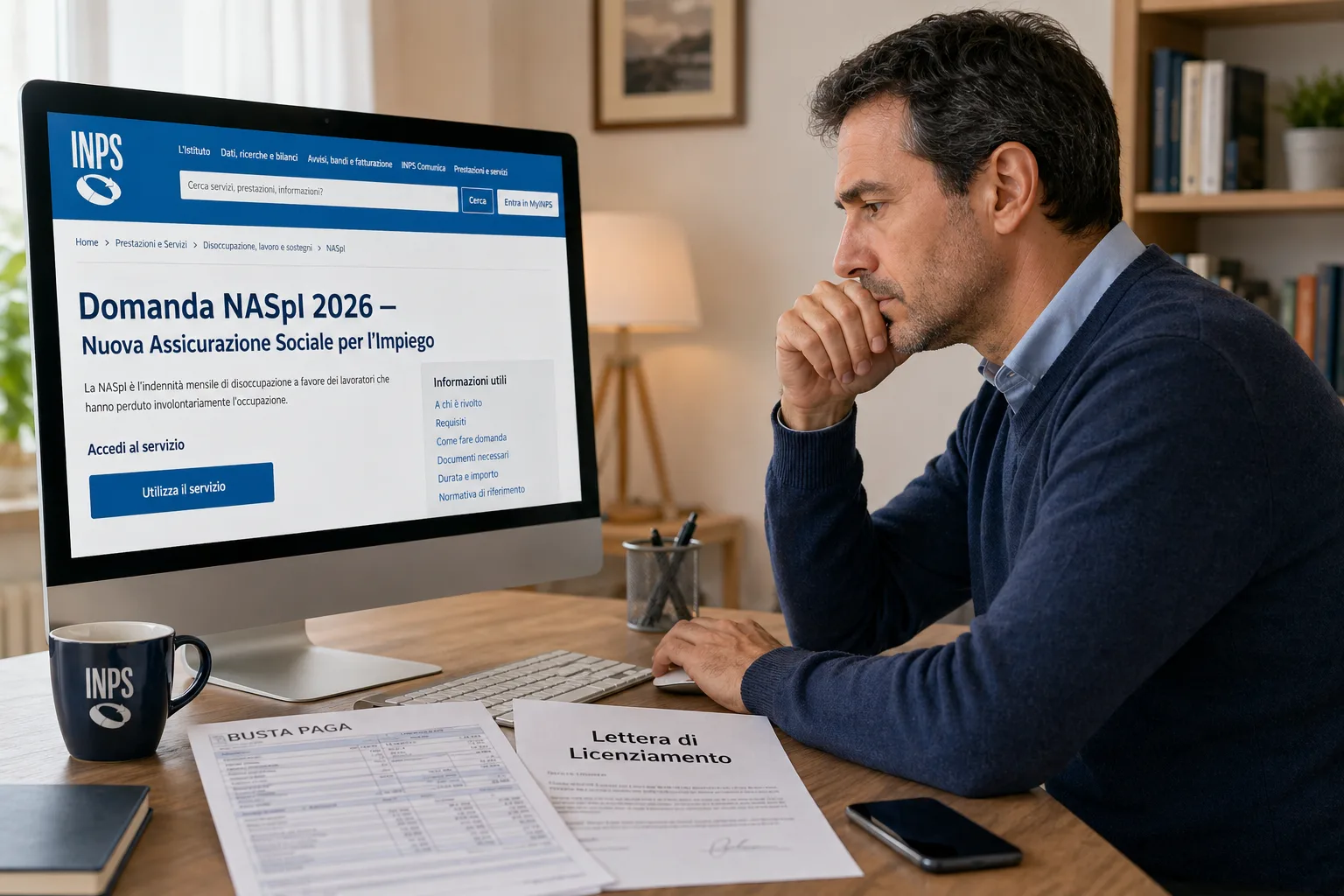Lavoratore italiano consulta la procedura di domanda NASpI 2026 sul portale INPS