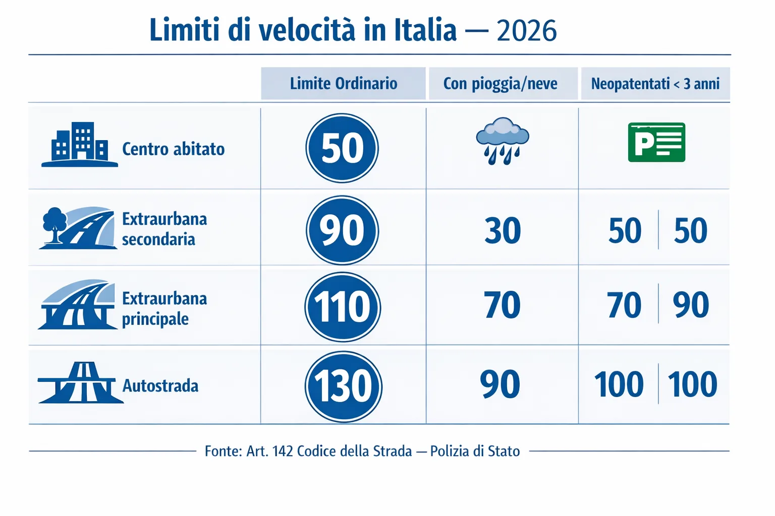 Tabella limiti di velocità in Italia per tipo di strada
