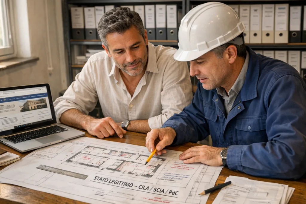 Proprietario di casa e geometra esaminano le planimetrie per scegliere il permesso di ristrutturazione corretto tra CILA, SCIA e permesso di costruire