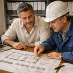 Proprietario di casa e geometra esaminano le planimetrie per scegliere il permesso di ristrutturazione corretto tra CILA, SCIA e permesso di costruire