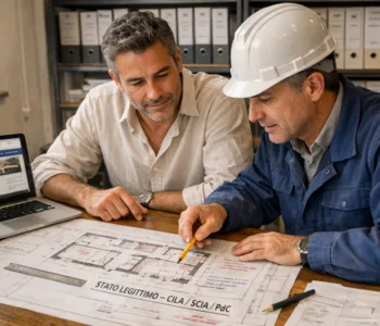 Proprietario di casa e geometra esaminano le planimetrie per scegliere il permesso di ristrutturazione corretto tra CILA, SCIA e permesso di costruire