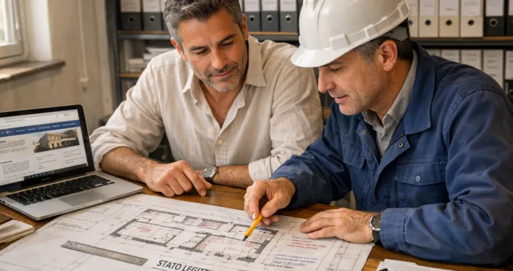 Proprietario di casa e geometra esaminano le planimetrie per scegliere il permesso di ristrutturazione corretto tra CILA, SCIA e permesso di costruire