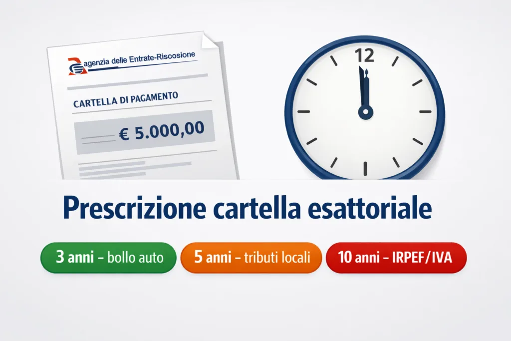 Infografica sulla prescrizione della cartella esattoriale con i termini per tributo: 3, 5 e 10 anni