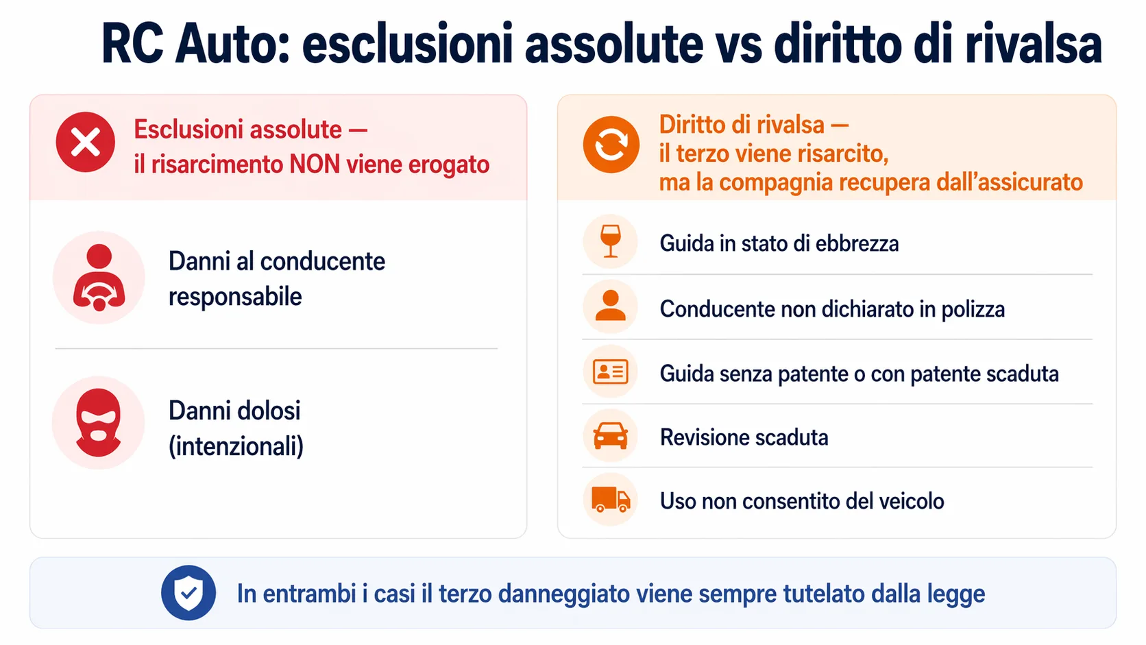 Schema che distingue le esclusioni assolute della RC Auto dal diritto di rivalsa della compagnia