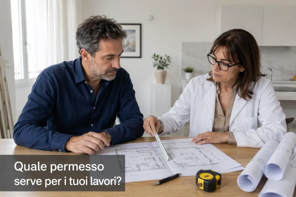 proprietario di casa e tecnico esaminano planimetrie per ristrutturazione bagno cucina