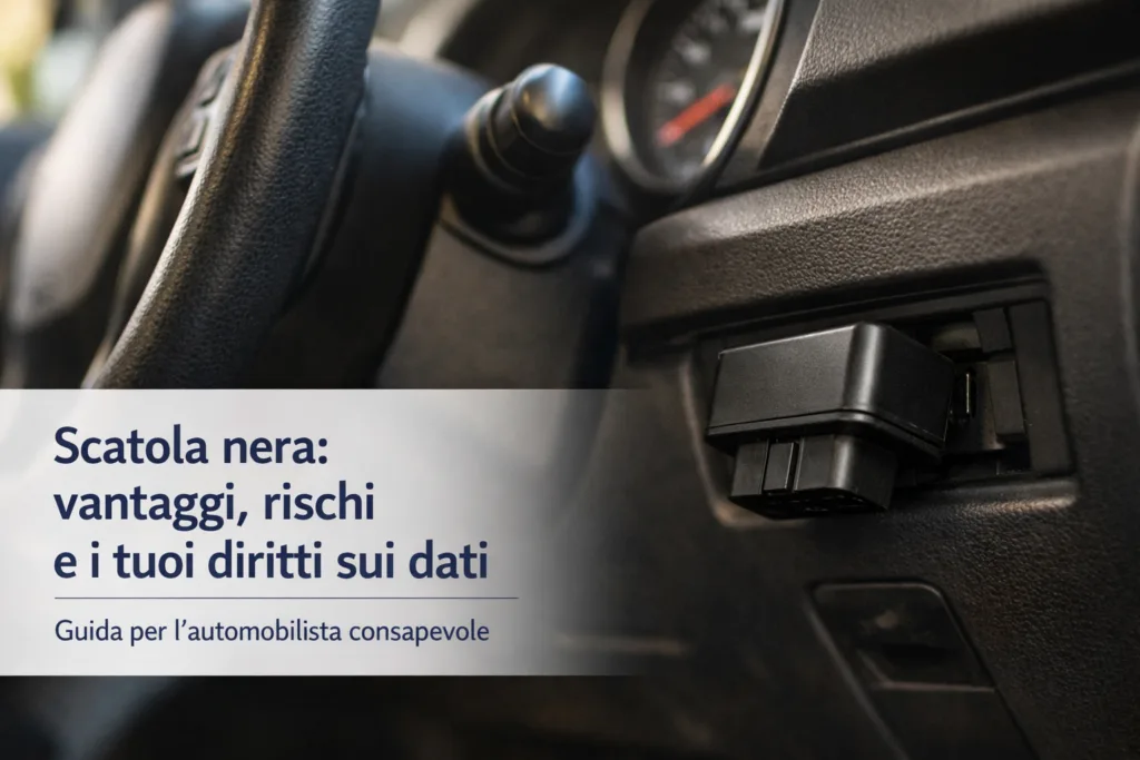 Scatola nera assicurativa nell'abitacolo di un'auto con testo guida per l'automobilista