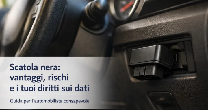 Scatola nera assicurativa nell'abitacolo di un'auto con testo guida per l'automobilista