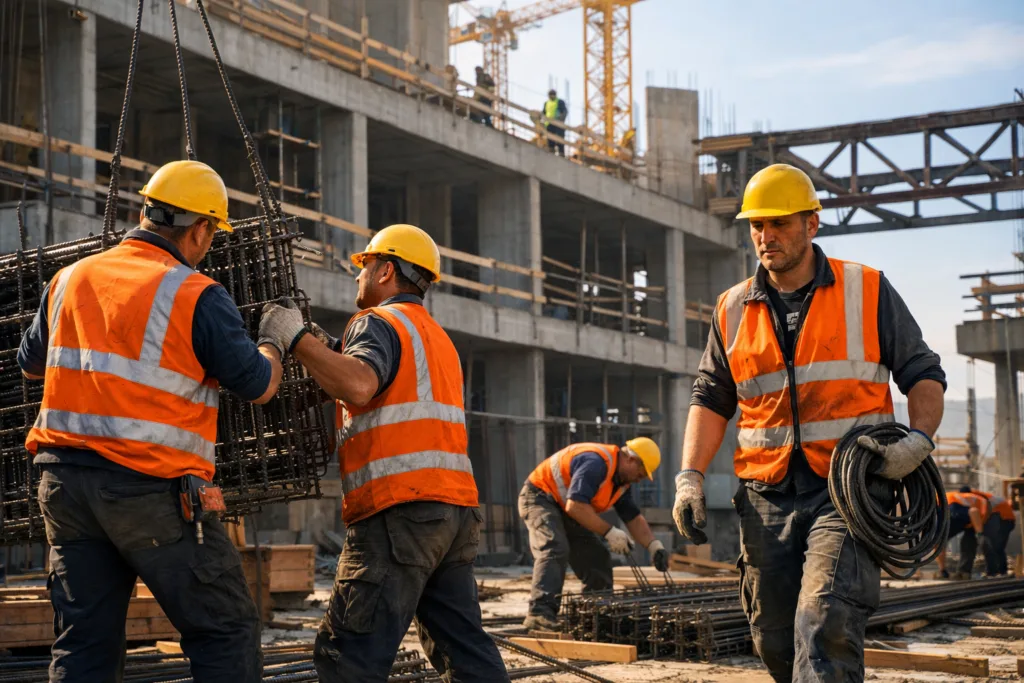 lavoratori con dispositivi di protezione individuale in cantiere edile