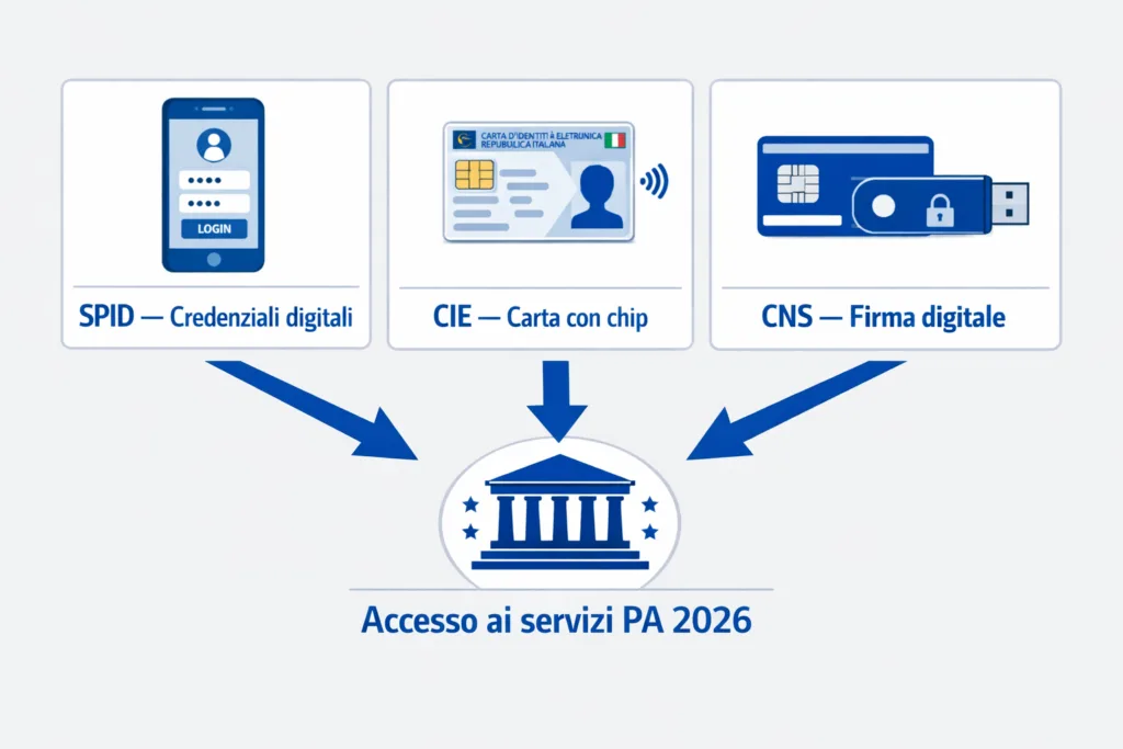 Infografica comparativa SPID CIE CNS accesso servizi PA 2026