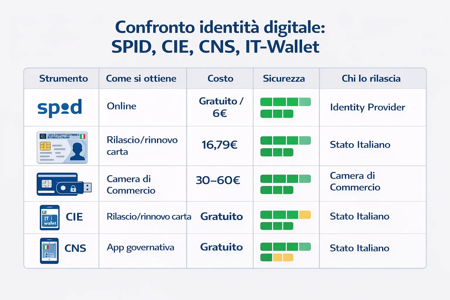 Tabella comparativa SPID CIE CNS IT-Wallet identità digitale PA