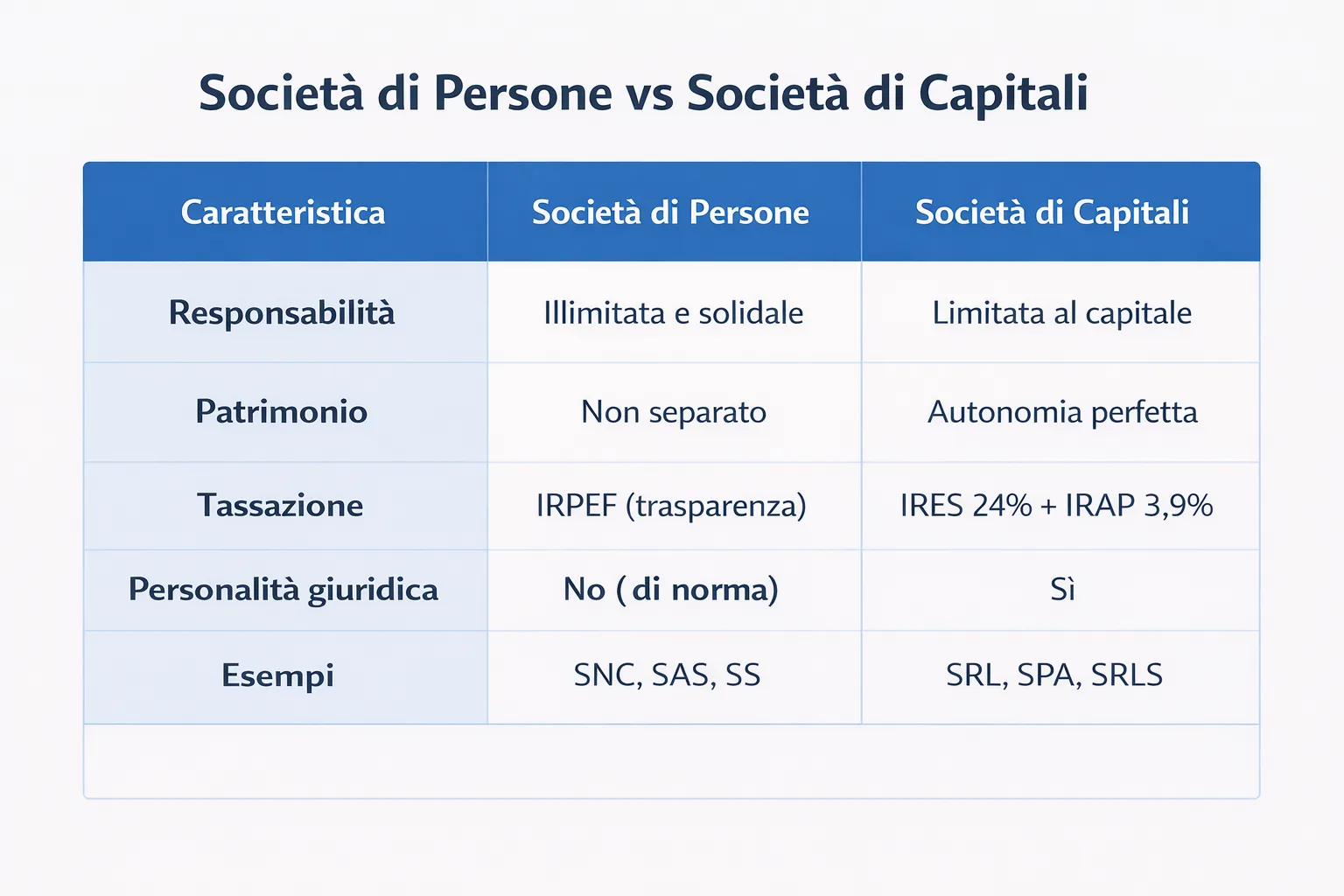 Tabella comparativa tra società di persone e società di capitali: responsabilità, tassazione e complessità