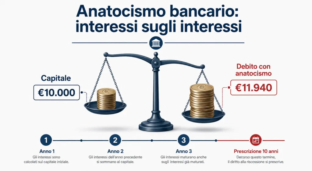 Infografica anatocismo bancario: confronto tra debito con e senza capitalizzazione degli interessi