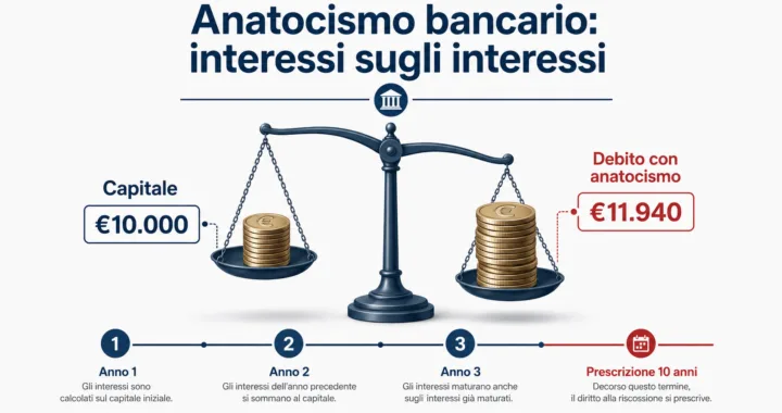 Infografica anatocismo bancario: confronto tra debito con e senza capitalizzazione degli interessi