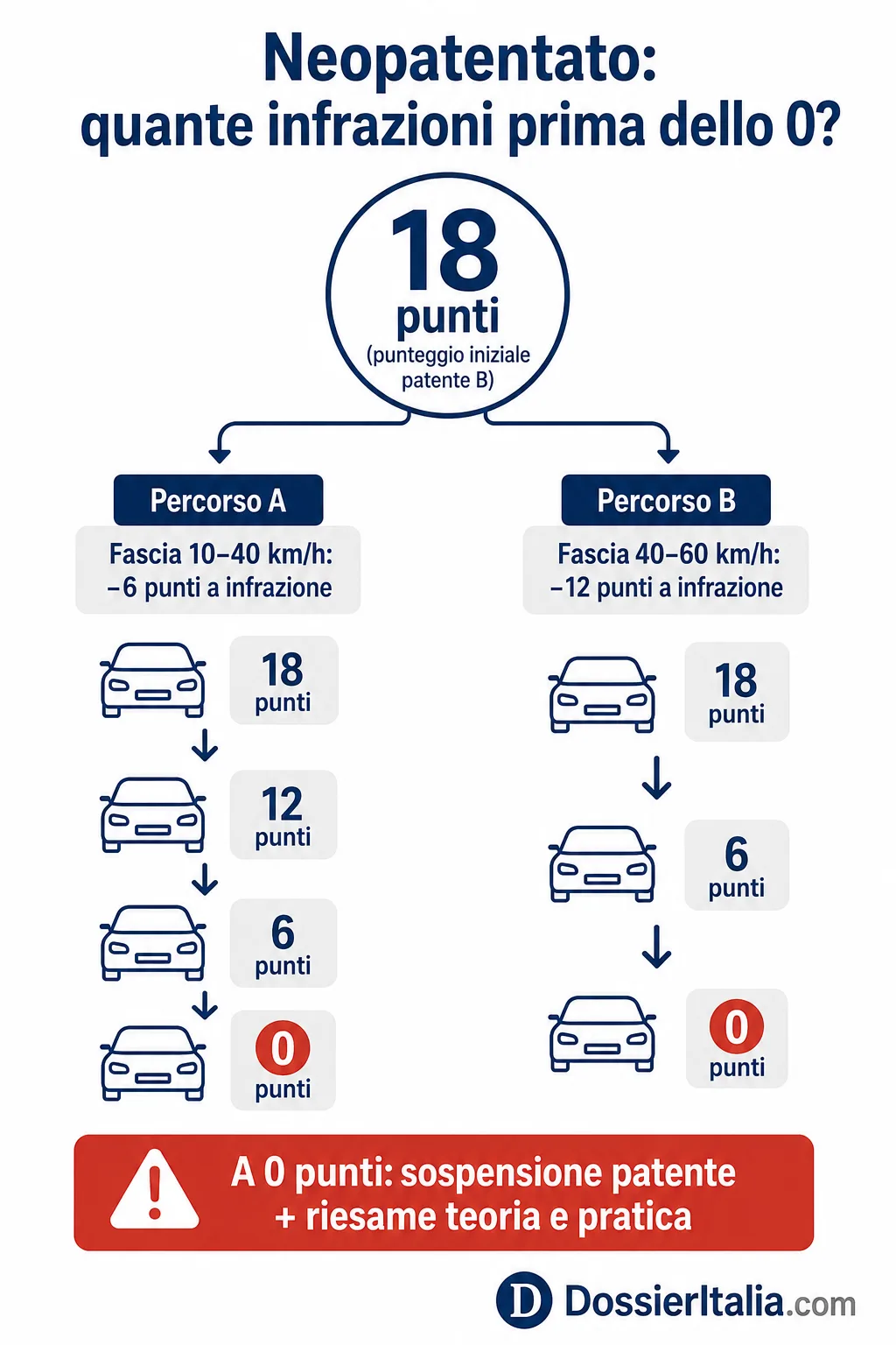 Infografica decurtazione punti patente neopatentato per fascia di eccesso di velocità 2026