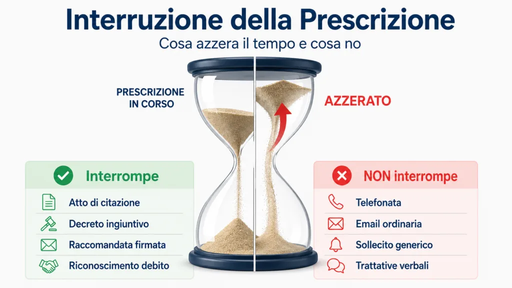 Infografica sull'interruzione della prescrizione: a sinistra gli atti che azzerano il termine, a destra quelli che non producono effetti