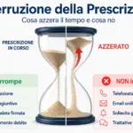 Infografica sull'interruzione della prescrizione: a sinistra gli atti che azzerano il termine, a destra quelli che non producono effetti
