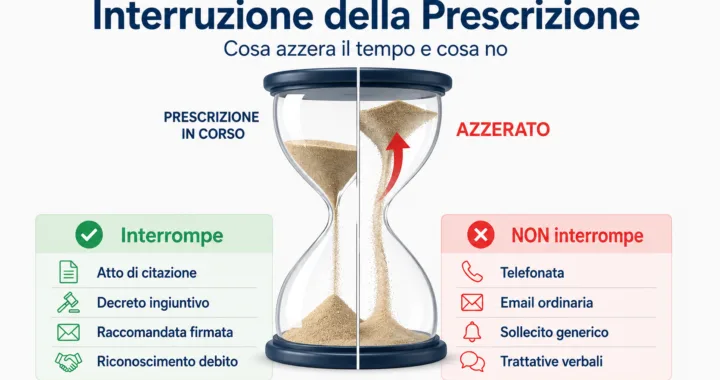 Infografica sull'interruzione della prescrizione: a sinistra gli atti che azzerano il termine, a destra quelli che non producono effetti