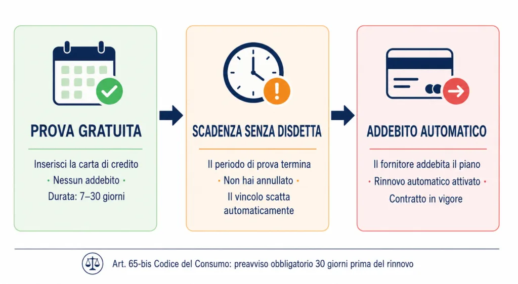 Schema del passaggio da periodo di prova gratuita ad abbonamento vincolante