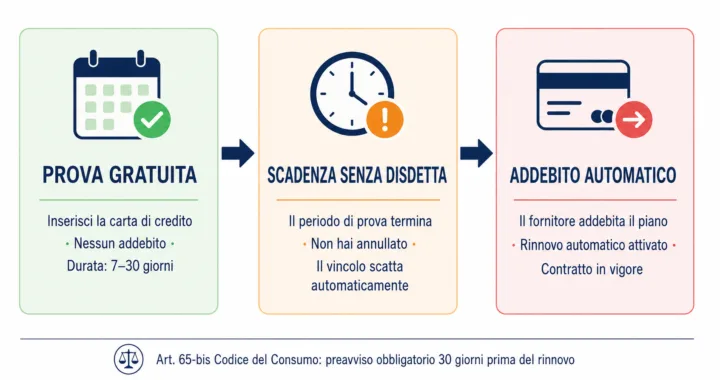 Schema del passaggio da periodo di prova gratuita ad abbonamento vincolante