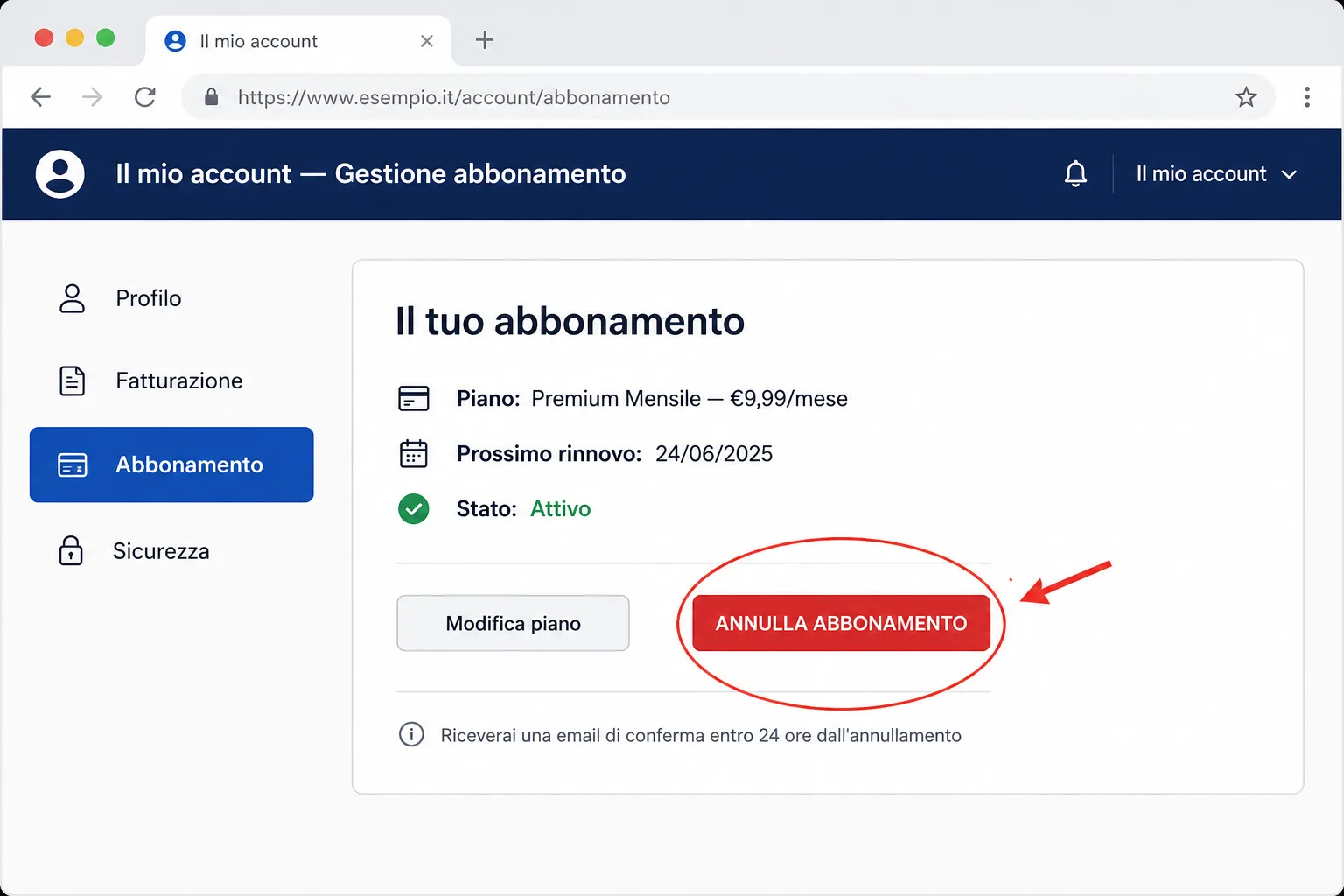 Screenshot dell'area gestione abbonamento con pulsante di disdetta evidenziato