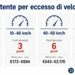 Infografica tabella punti patente per eccesso di velocità 2026: tutte le fasce km/h con decurtazione punti e importo multa