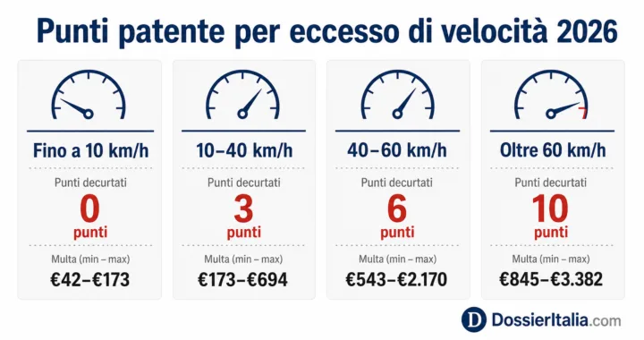Infografica tabella punti patente per eccesso di velocità 2026: tutte le fasce km/h con decurtazione punti e importo multa