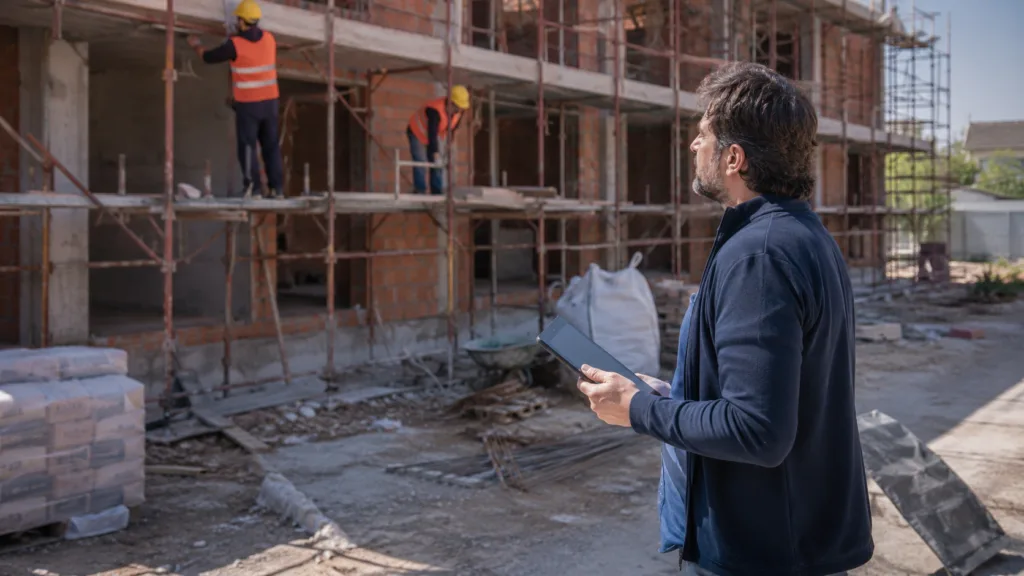 Committente osserva i lavori edili in cantiere con tablet in mano mentre gli operai lavorano sull'impalcatura