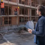 Committente osserva i lavori edili in cantiere con tablet in mano mentre gli operai lavorano sull'impalcatura