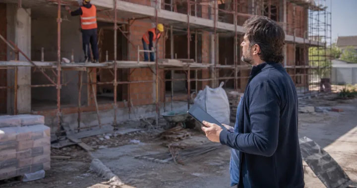 Committente osserva i lavori edili in cantiere con tablet in mano mentre gli operai lavorano sull'impalcatura